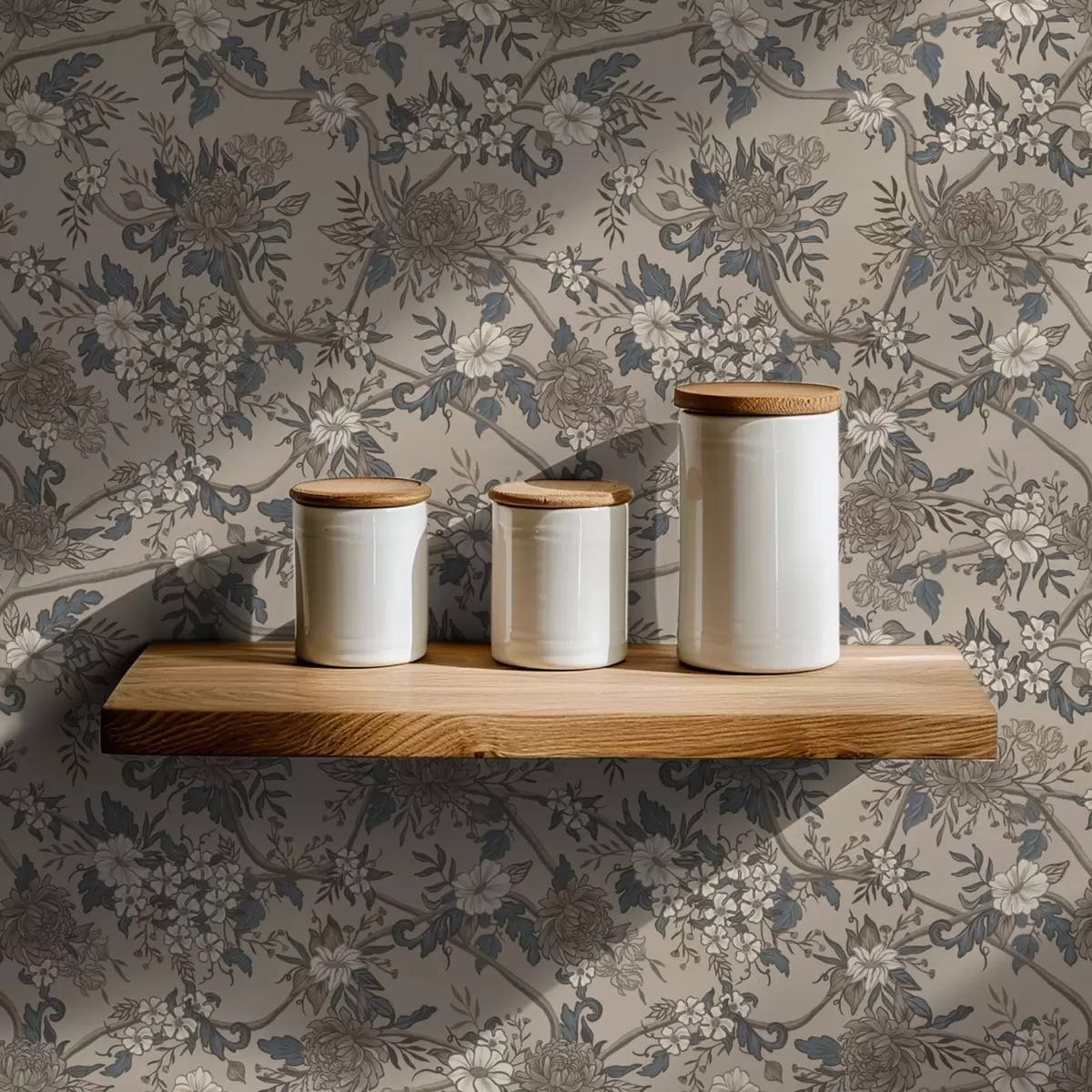 Papel pintado Flores grandes con hojas estampadas sobre un fondo beige cálido a00649