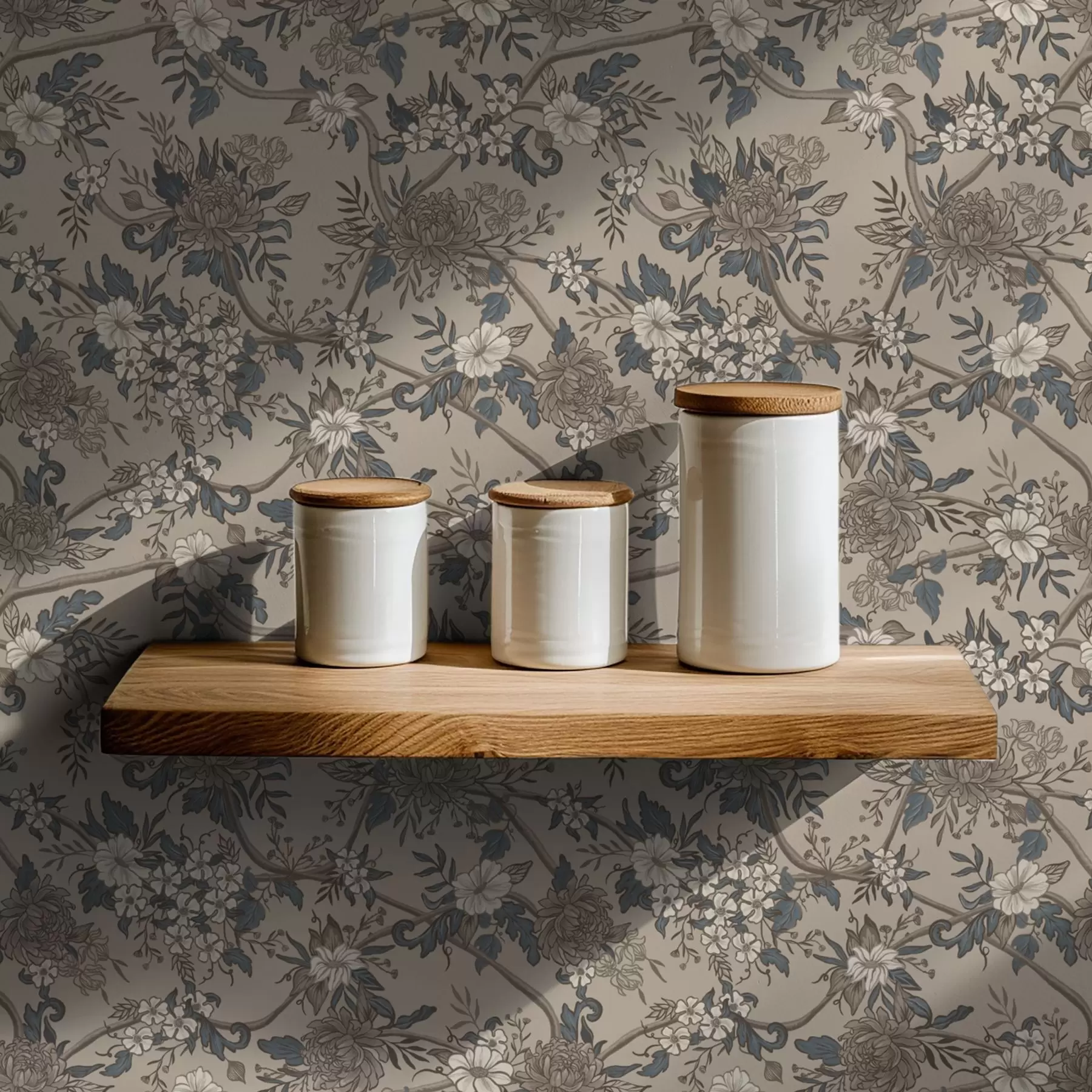 murales de pared Flores grandes con hojas estampadas sobre un fondo beige cálido a00649