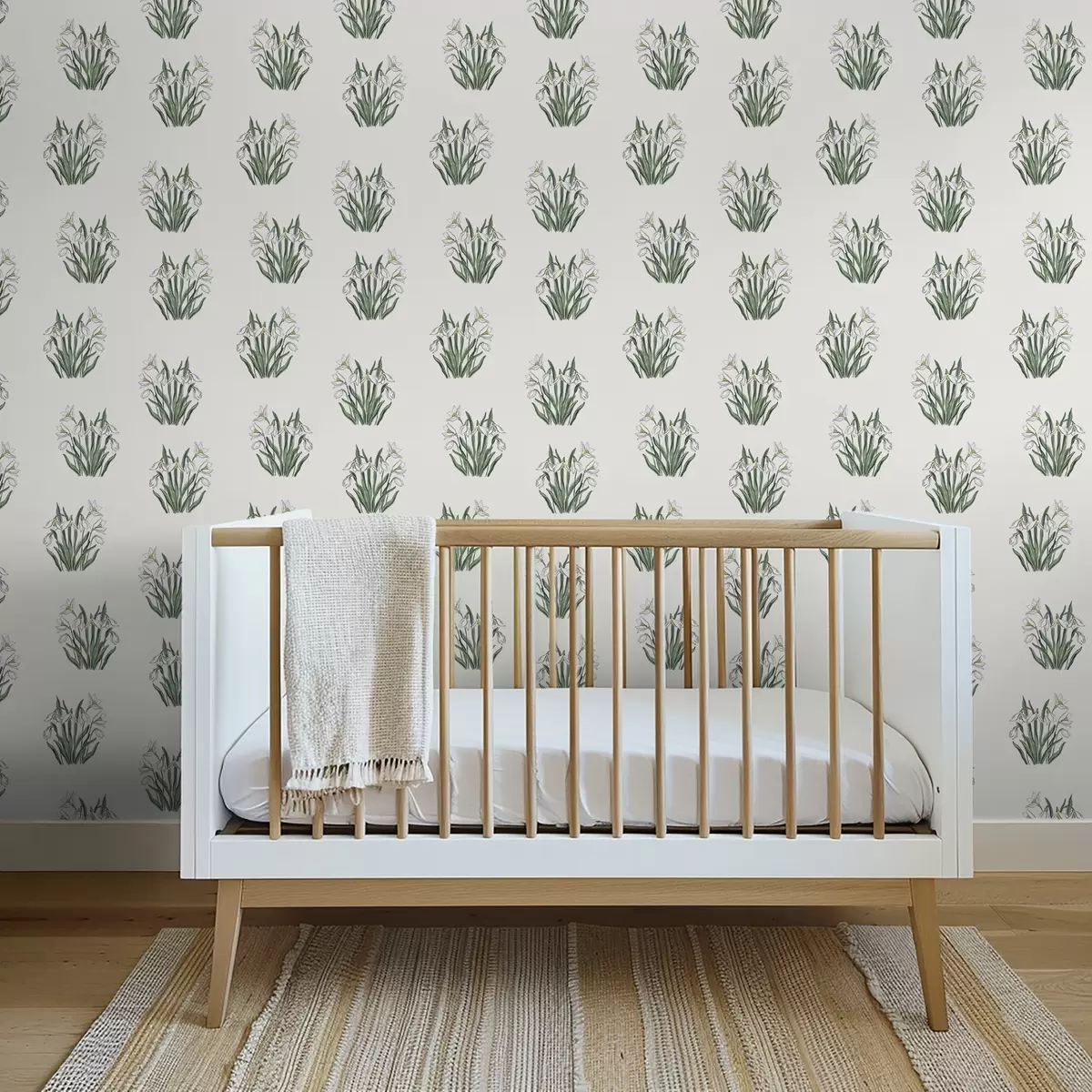 Papel pintado Campanillas de invierno con hojas verdes sobre fondo gris claro a00651v1