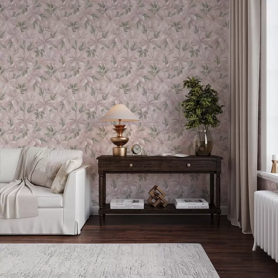 murales de pared Flores rosas con hojas delicadas sobre un fondo suave a00675