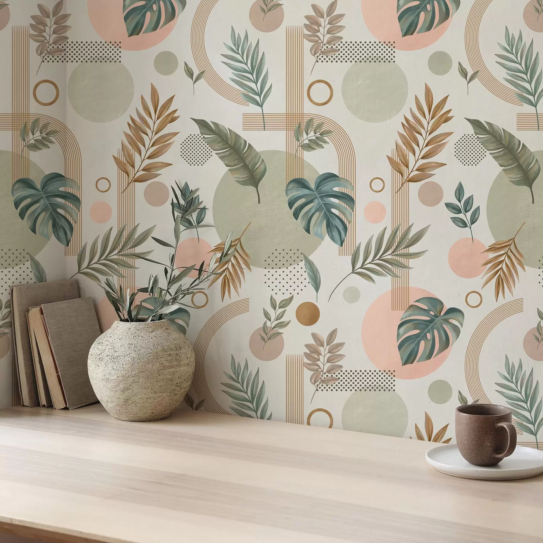 murales de pared Hojas y formas geométricas en tonos cálidos y tranquilos a00677