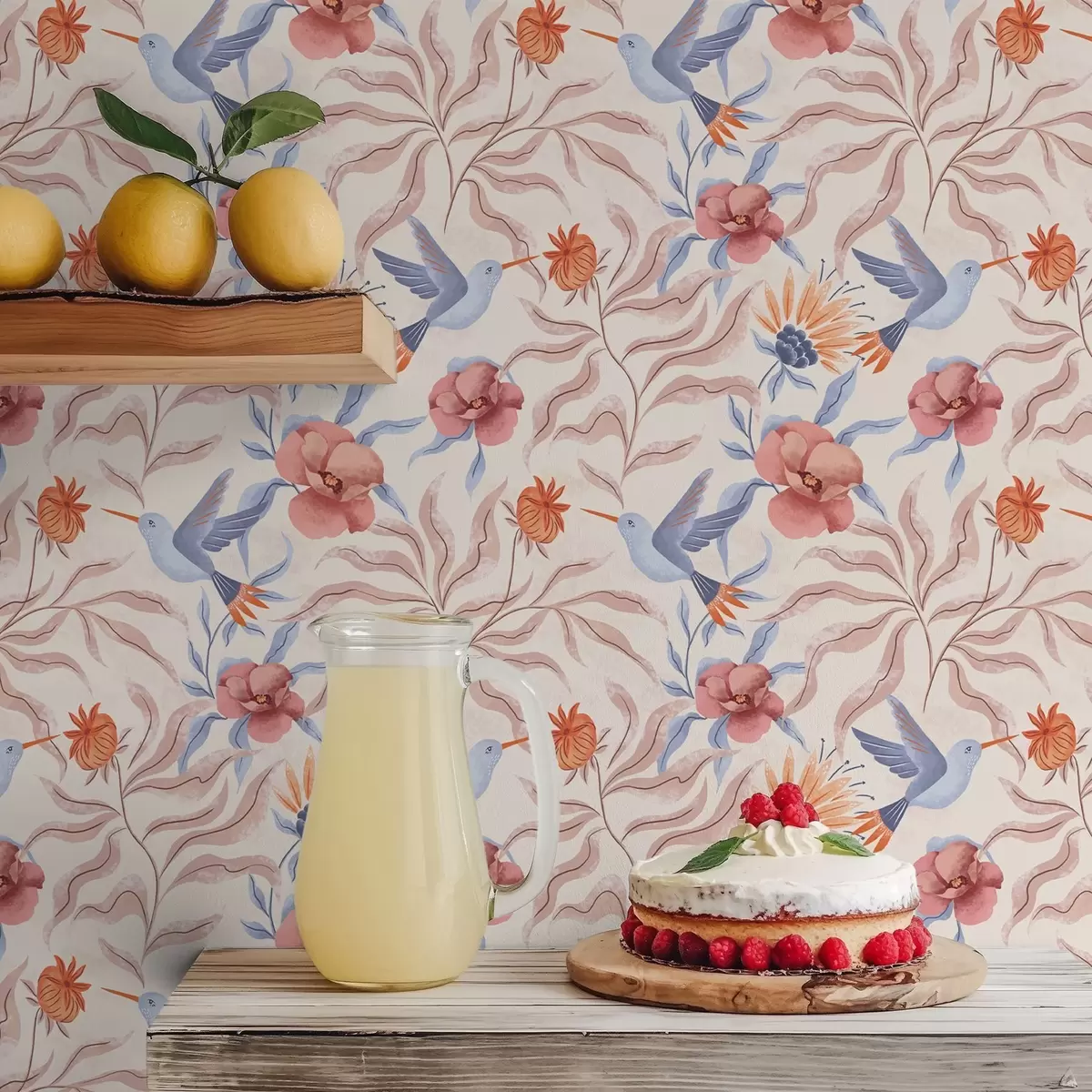 Papel pintado Colibríes entre grandes flores en tonos rosados y azules a00733