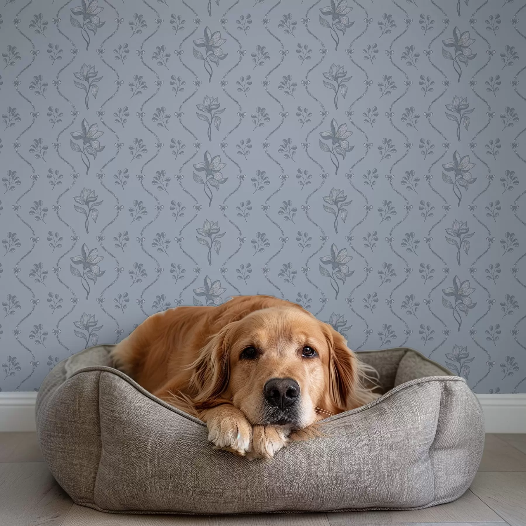 murales de pared Pequeñas flores y cintas en tonos gris azulado a00808v2