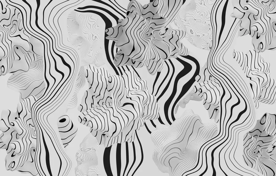 murales de pared formas orgánicas abstractas en estilo 3D en tonos blancos y grises con rayas negras w04627