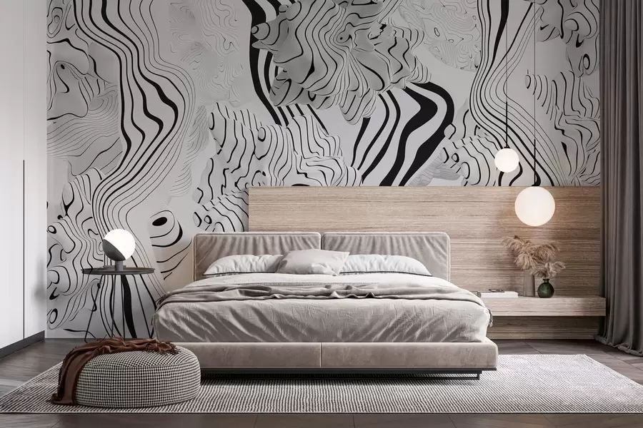 murales de pared formas orgánicas abstractas en estilo 3D en tonos blancos y grises con rayas negras w04627