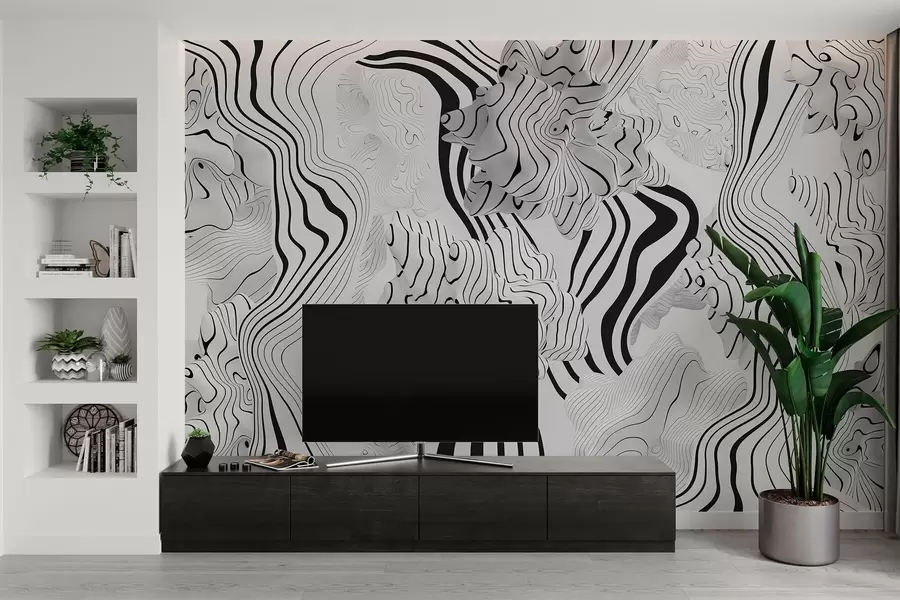 murales de pared formas orgánicas abstractas en estilo 3D en tonos blancos y grises con rayas negras w04627