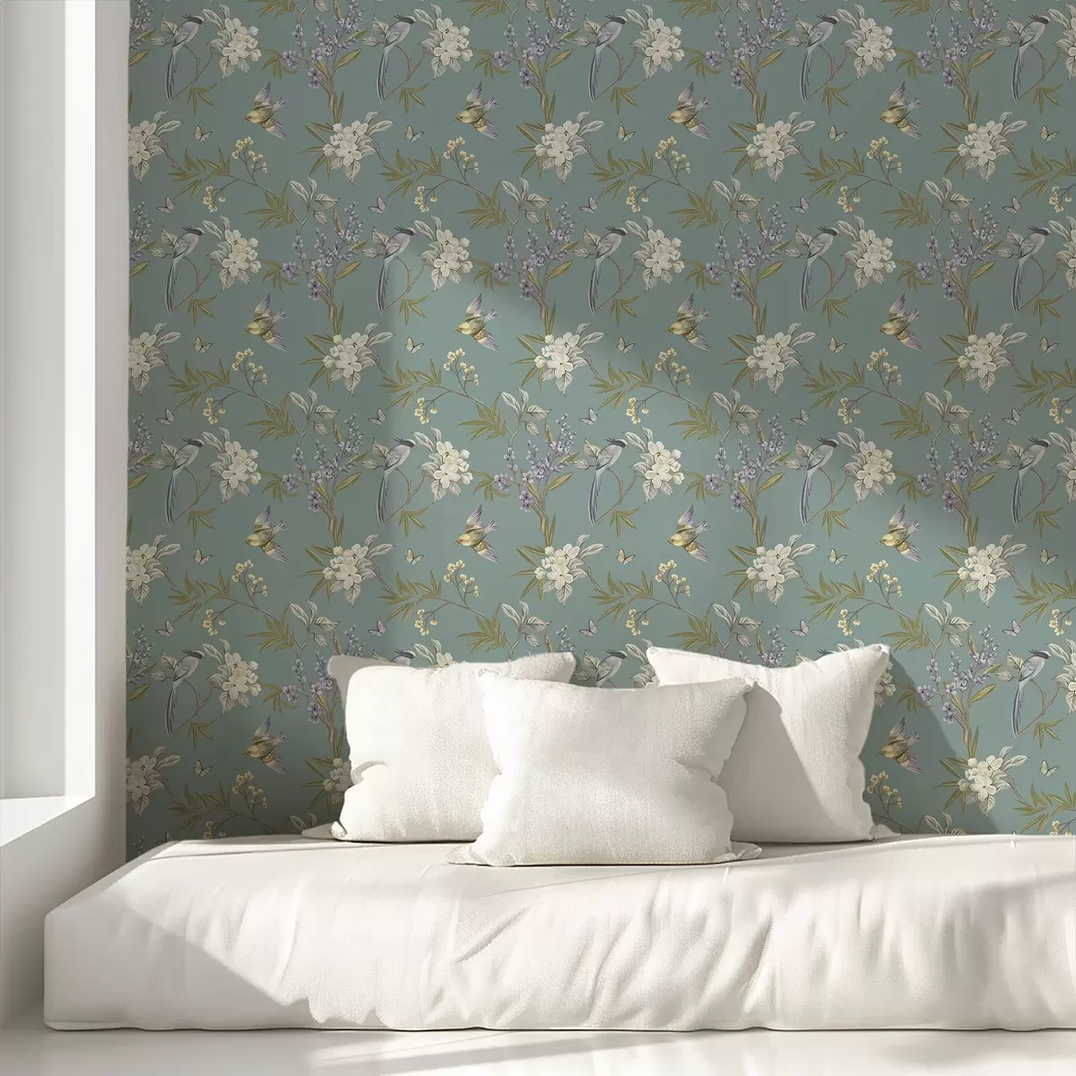 Papel pintado Pájaros, flores y mariposas sobre un fondo azul grisáceo. a00735