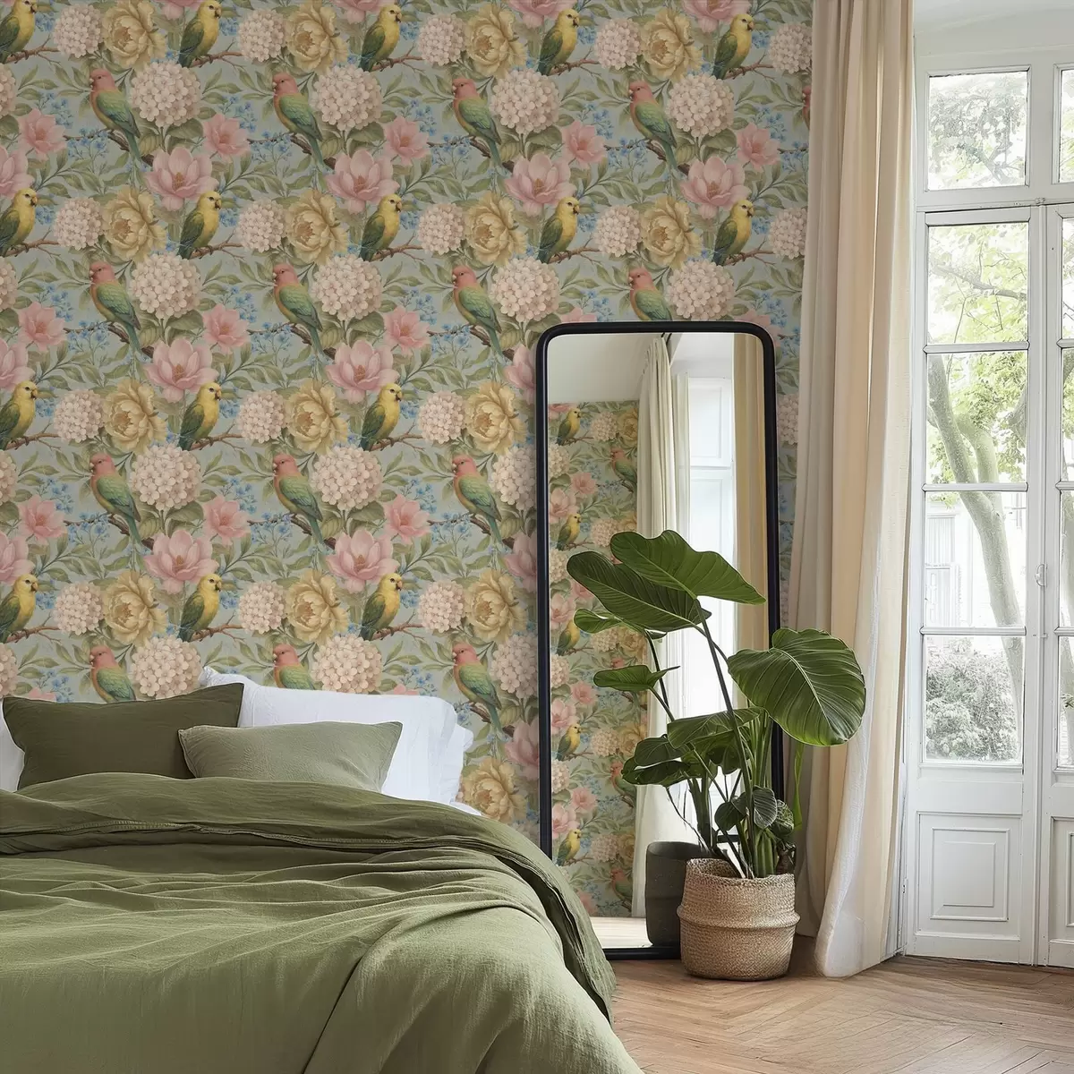 Papel pintado Loros entre peonías, hortensias y magnolias a00747