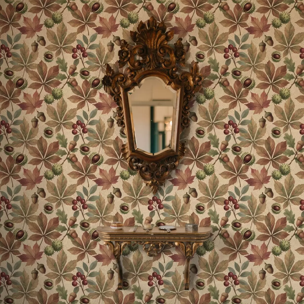 Papel pintado Hojas otoñales, bellotas y bayas sobre fondo beige a00754