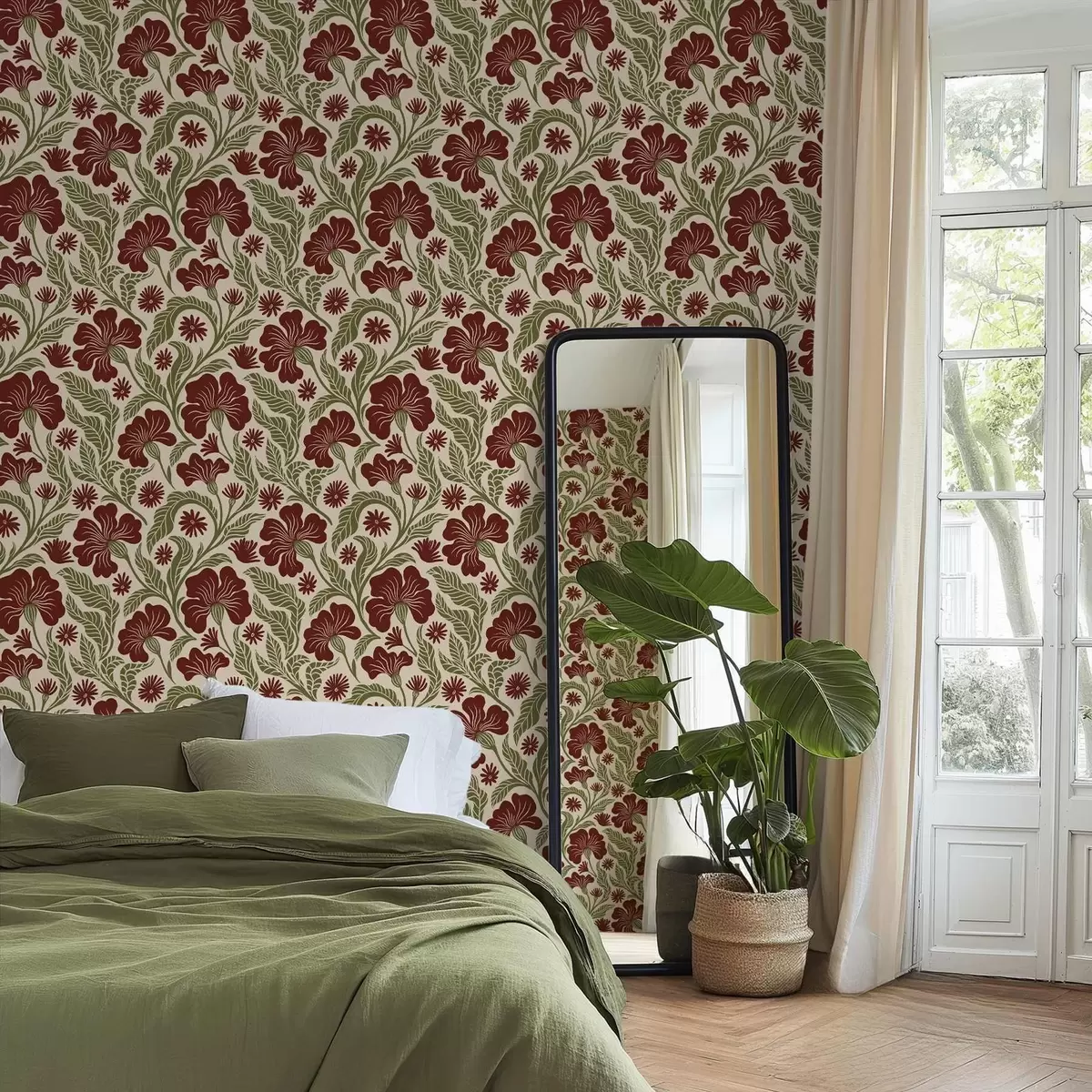 Papel pintado Flores de color burdeos con hojas verdes sobre fondo claro a00761