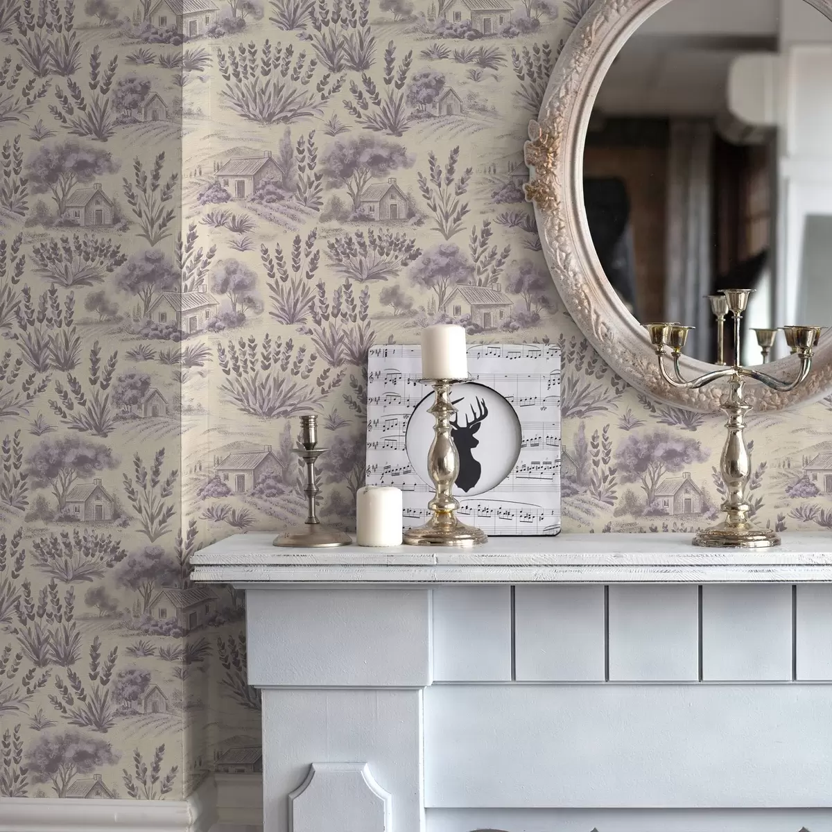 Papel pintado Campos de lavanda y casas en tonos pastel a00765