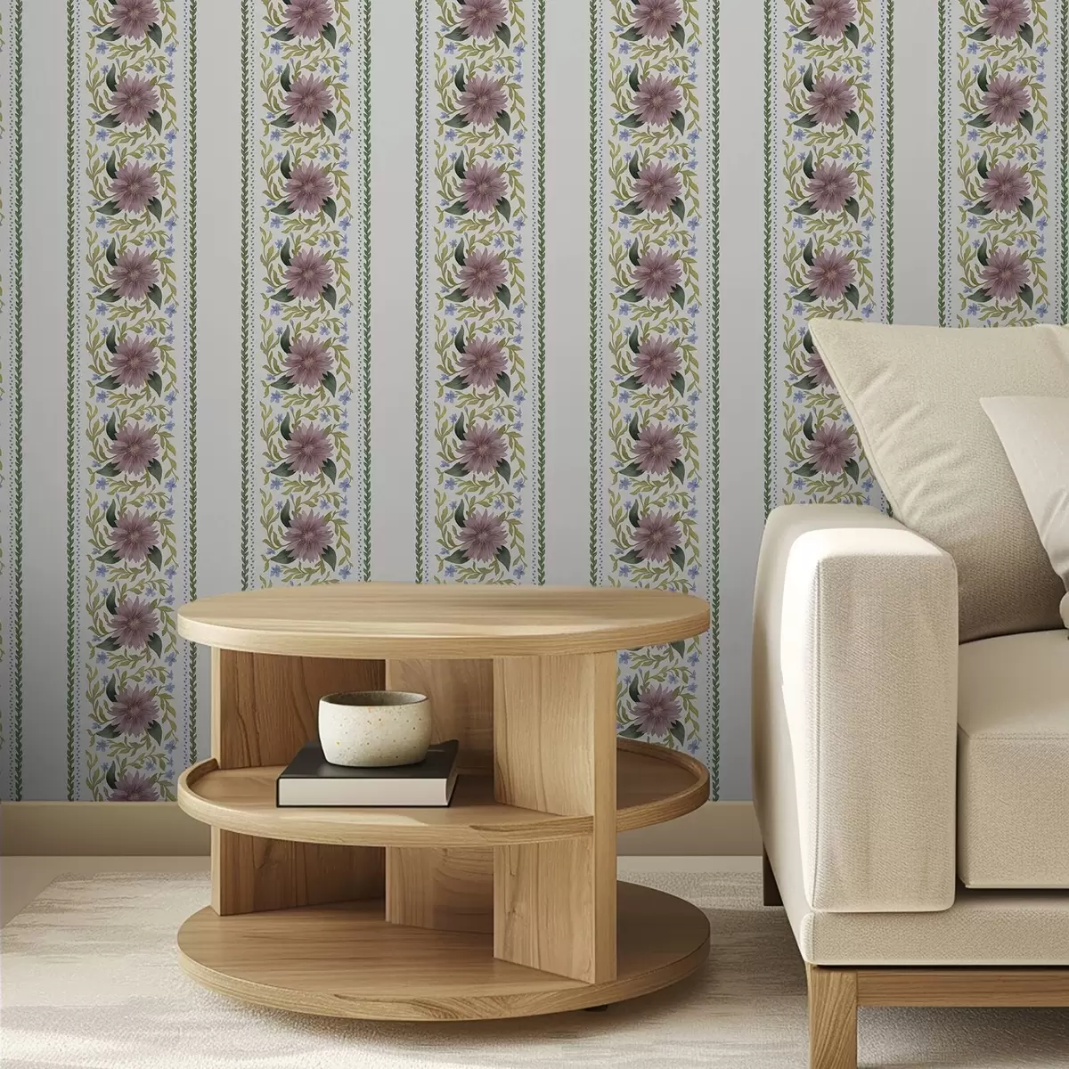 Papel pintado Rayas florales verticales en tonos azul lila a00809