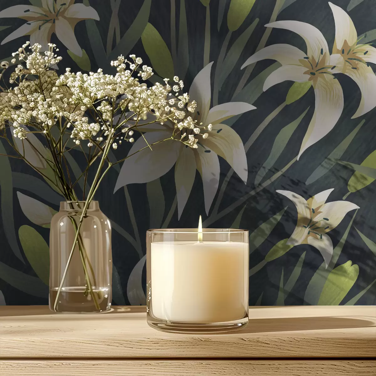 Papel pintado Lirios crema con hojas sobre fondo oscuro a00837v1