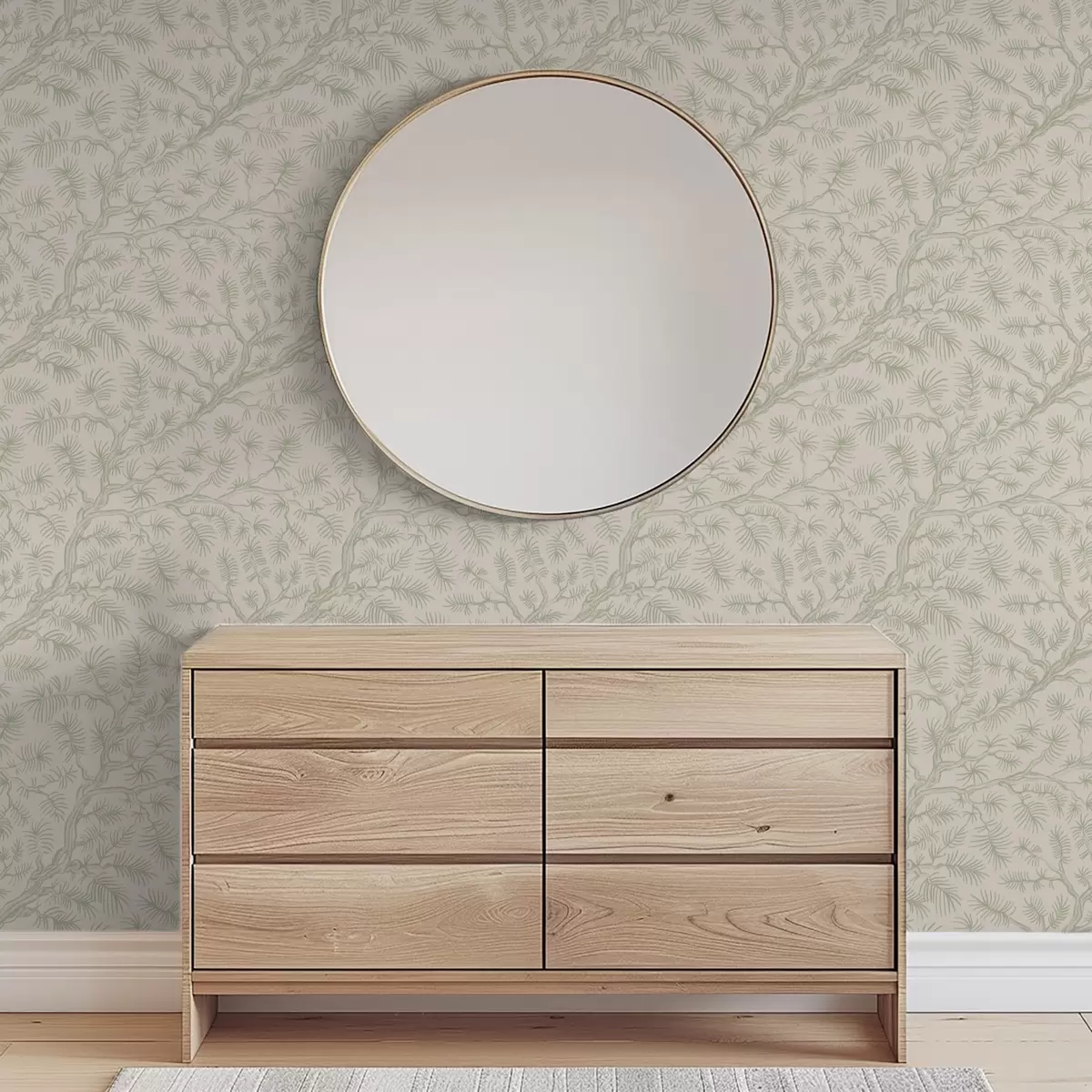 Papel pintado Ramitas de pino en tonos verde claro sobre fondo beige a00838v1