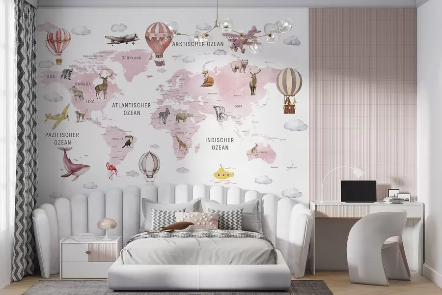 murales de pared Mapa infantil en estilo acuarela con animales y globos aerostáticos. En alemán. Color rosa. c00001dev3
