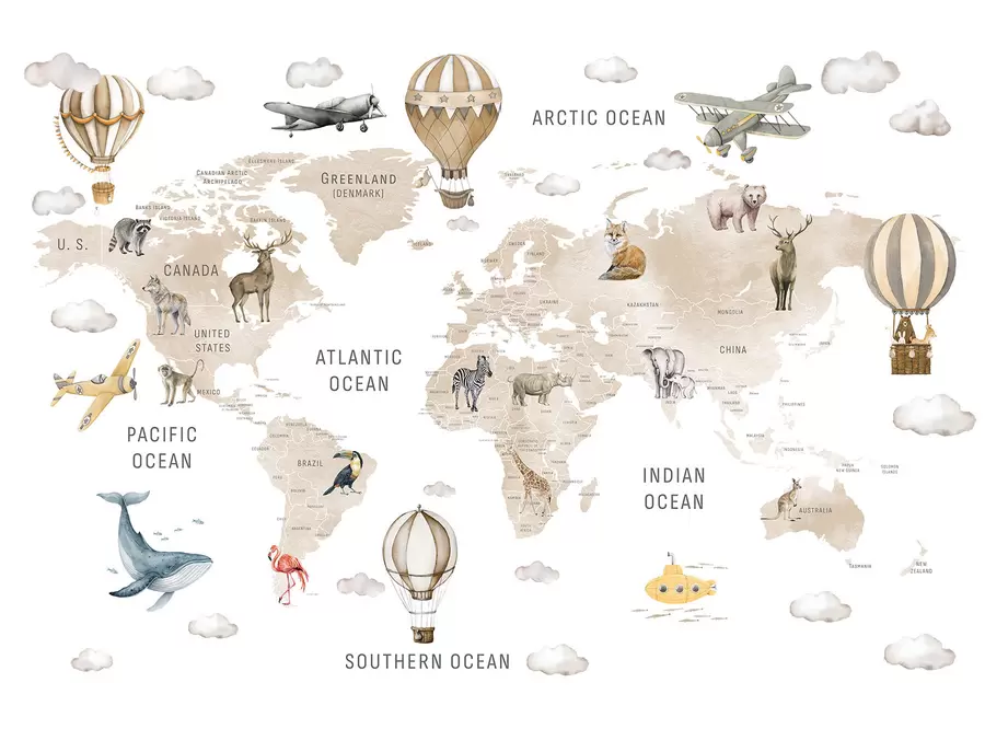 murales de pared Mapa infantil en estilo acuarela con animales y globos aerostáticos. Idioma inglés. Color beige c00001env2