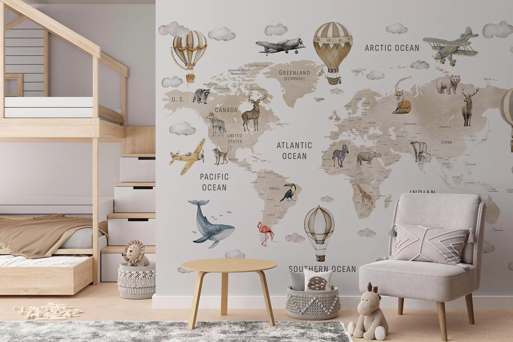 murales de pared Mapa de estilo acuarela para niños con animales y globos aerostáticos. Idioma inglés. Color beige. c00001env2