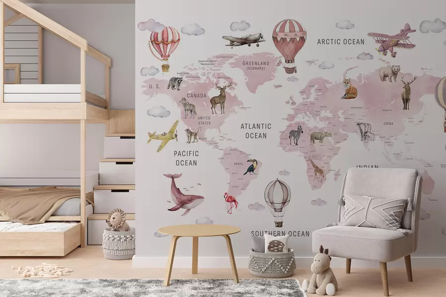 murales de pared Mapa de estilo acuarela para niños con animales y globos aerostáticos. En inglés. Rosa. c00001env3
