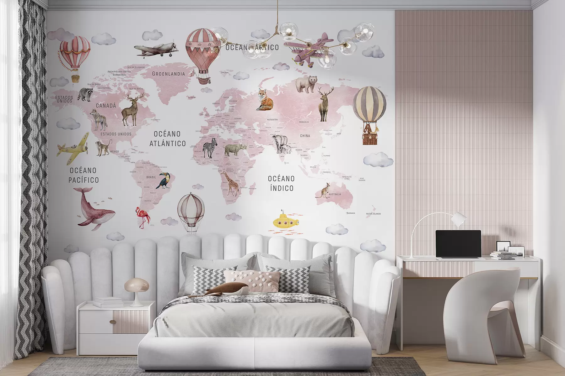 murales de pared Mapa de estilo acuarela para niños con animales y globos aerostáticos. En español. Rosa. c00001esv3