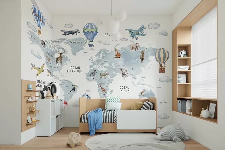 murales de pared Mapa infantil en estilo acuarela con animales y globos aerostáticos. Idioma francés. Color azul. c00001frv1