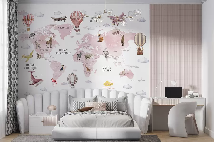 murales de pared Mapa infantil en estilo acuarela con animales y globos aerostáticos. En francés. Color rosa. c00001frv3