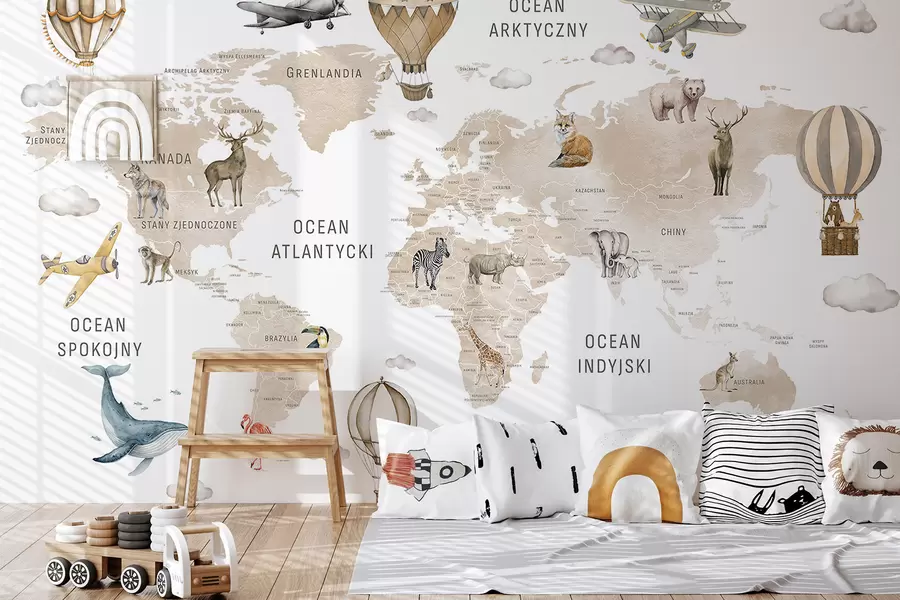 murales de pared Mapa de estilo acuarela para niños con animales y globos aerostáticos. Idioma polaco. Color beige. c00001plv2