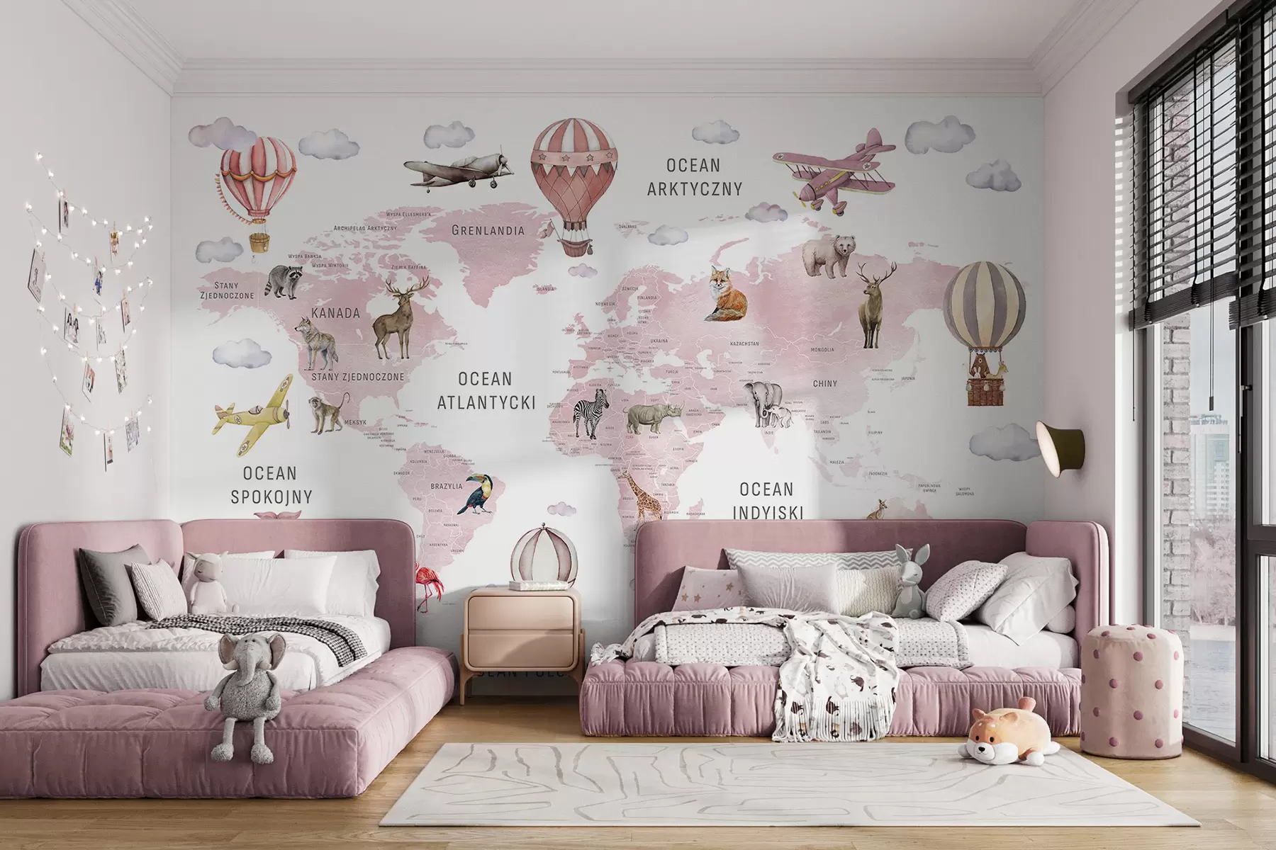 murales de pared Mapa de estilo acuarela para niños con animales y globos aerostáticos. Idioma polaco. Color rosa. c00001plv3