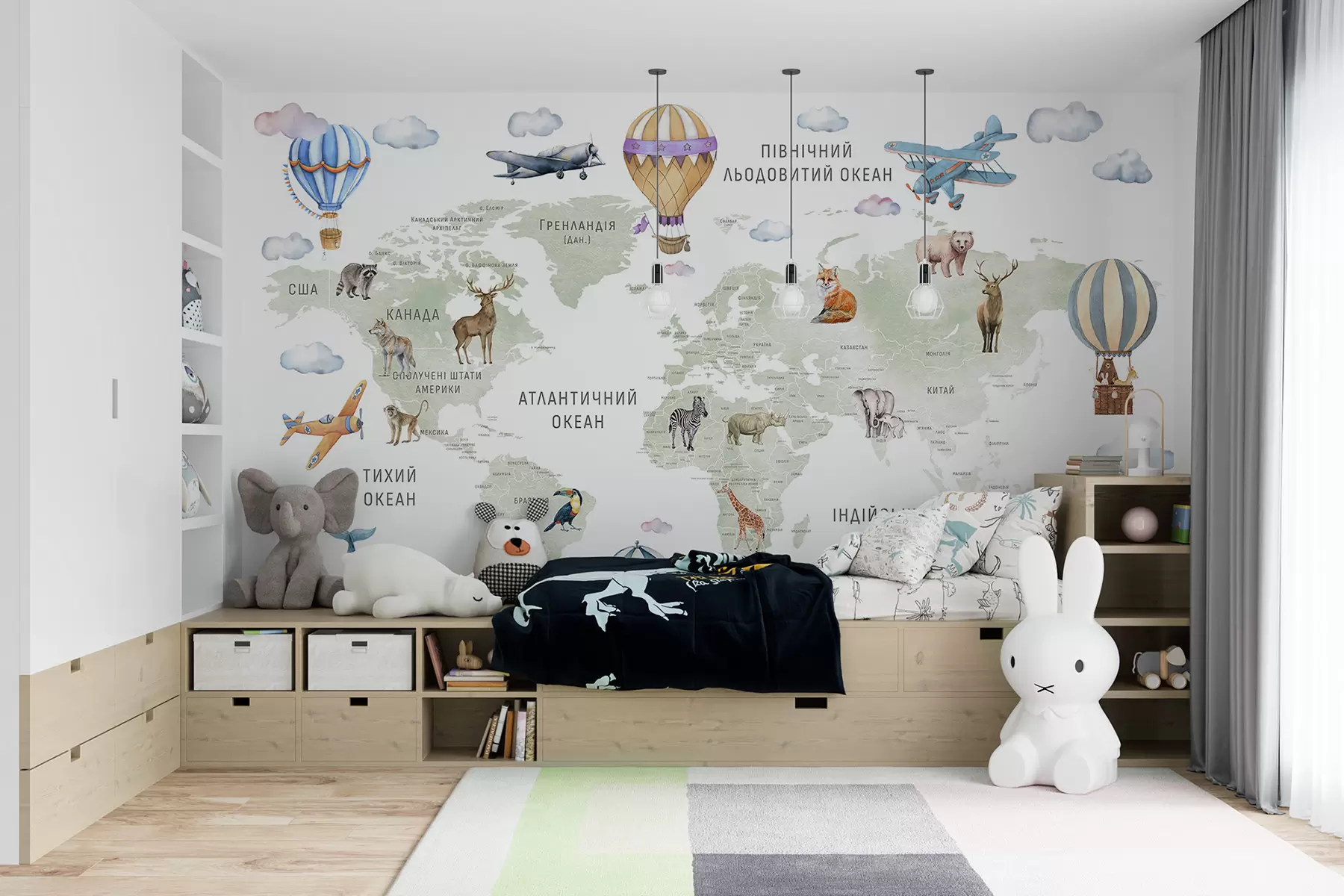 murales de pared Mapa de estilo acuarela para niños con animales y globos aerostáticos. Idioma ucraniano. Color: verde. c00001uk