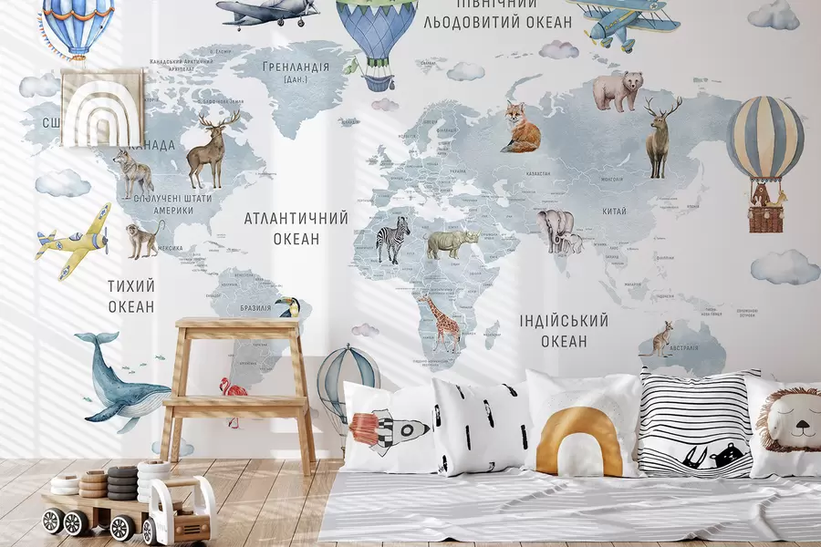 murales de pared Mapa de estilo acuarela para niños con animales y globos aerostáticos. Idioma: ucraniano. Color: azul. c00001ukv1
