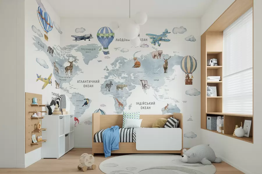 murales de pared Mapa infantil en estilo acuarela con animales y globos aerostáticos. Idioma ucraniano. Color azul. c00001ukv1