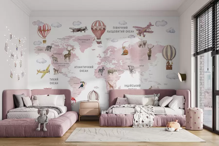 murales de pared Mapa infantil en estilo acuarela con animales y globos aerostáticos. Idioma ucraniano. Color rosa. c00001ukv3