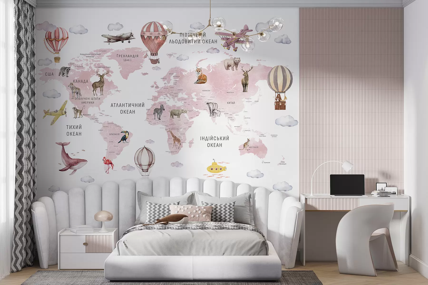 murales de pared Mapa de estilo acuarela para niños con animales y globos aerostáticos. Idioma: ucraniano. Color: rosa. c00001ukv3