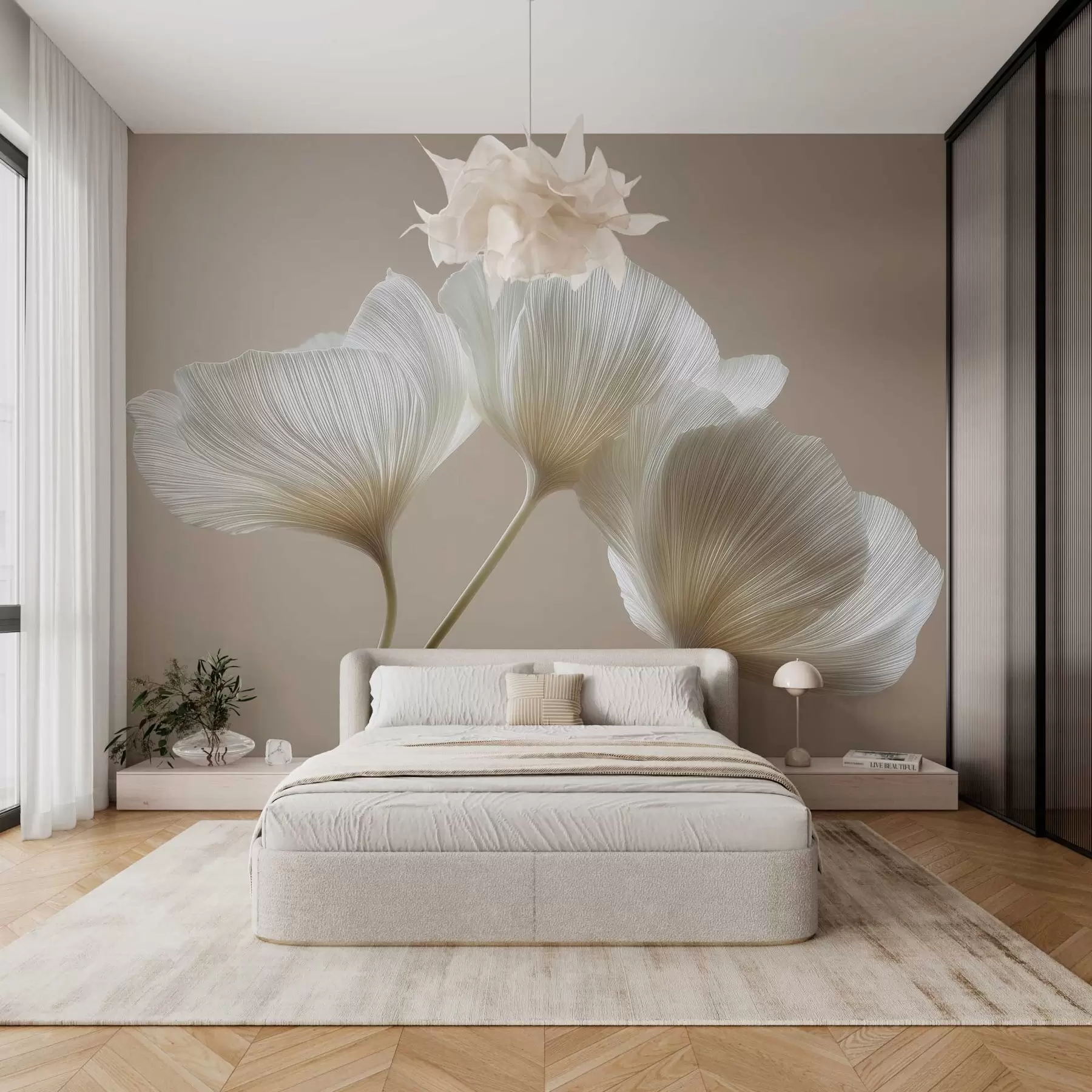 murales de pared tres delicadas flores sobre un fondo beige w04810