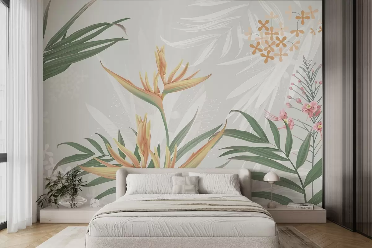 murales de pared Exóticas flores de Strelitzia entre el follaje w04783