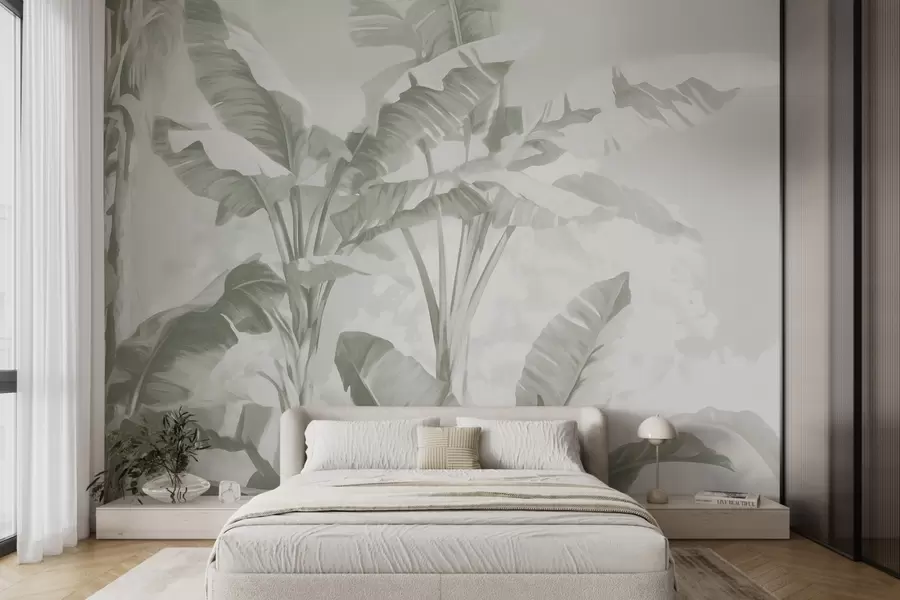 murales de pared Hojas de plátano tropical en suaves tonos verdes w09311v1