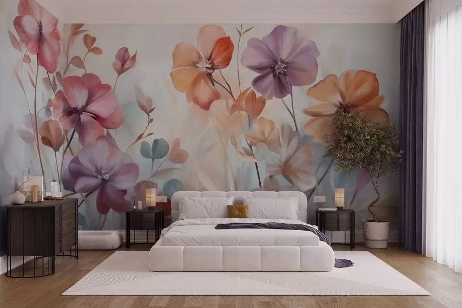 murales de pared Arreglo floral texturizado con flores rosas, moradas y naranjas con tallos y hojas verdes, en suaves colores pastel w09486