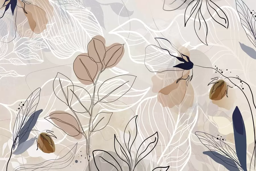 murales de pared Fondo abstracto beige con dibujo lineal de hojas y flores, moderno, minimalista, formas orgánicas, estampado botánico w09487