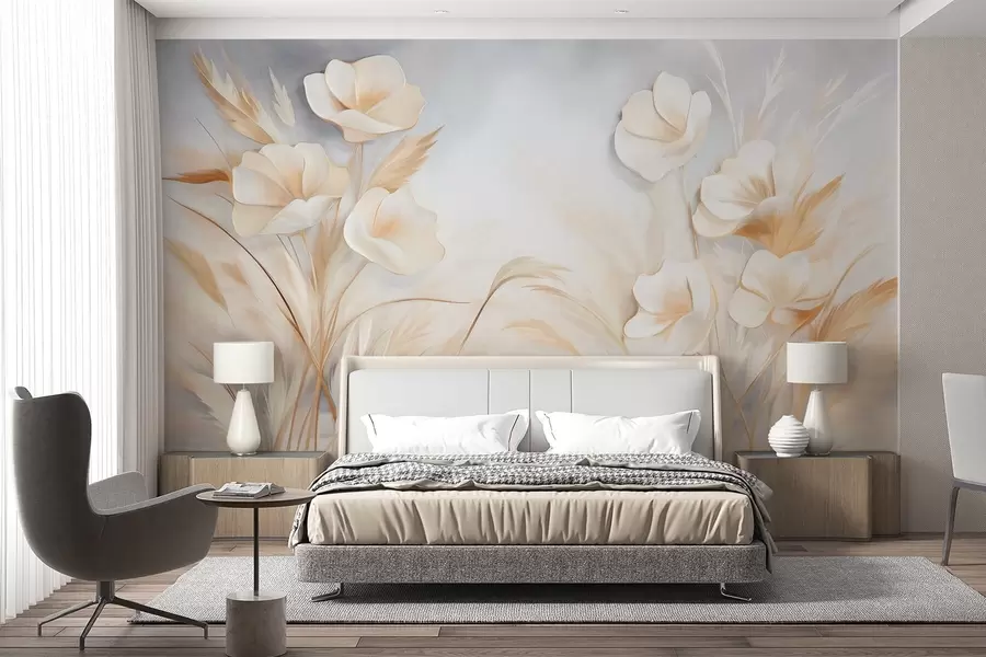 murales de pared Flores blancas, juncos beige y hierba de la pampa, texturizado, elegante, estilo minimalista, fondo abstracto paisajístico w09490