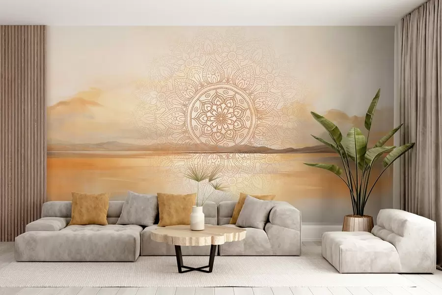 murales de pared Diseño mandala simétrico con textura superpuesto a un paisaje con mar, colinas y cielo, en suaves colores pastel. w09491