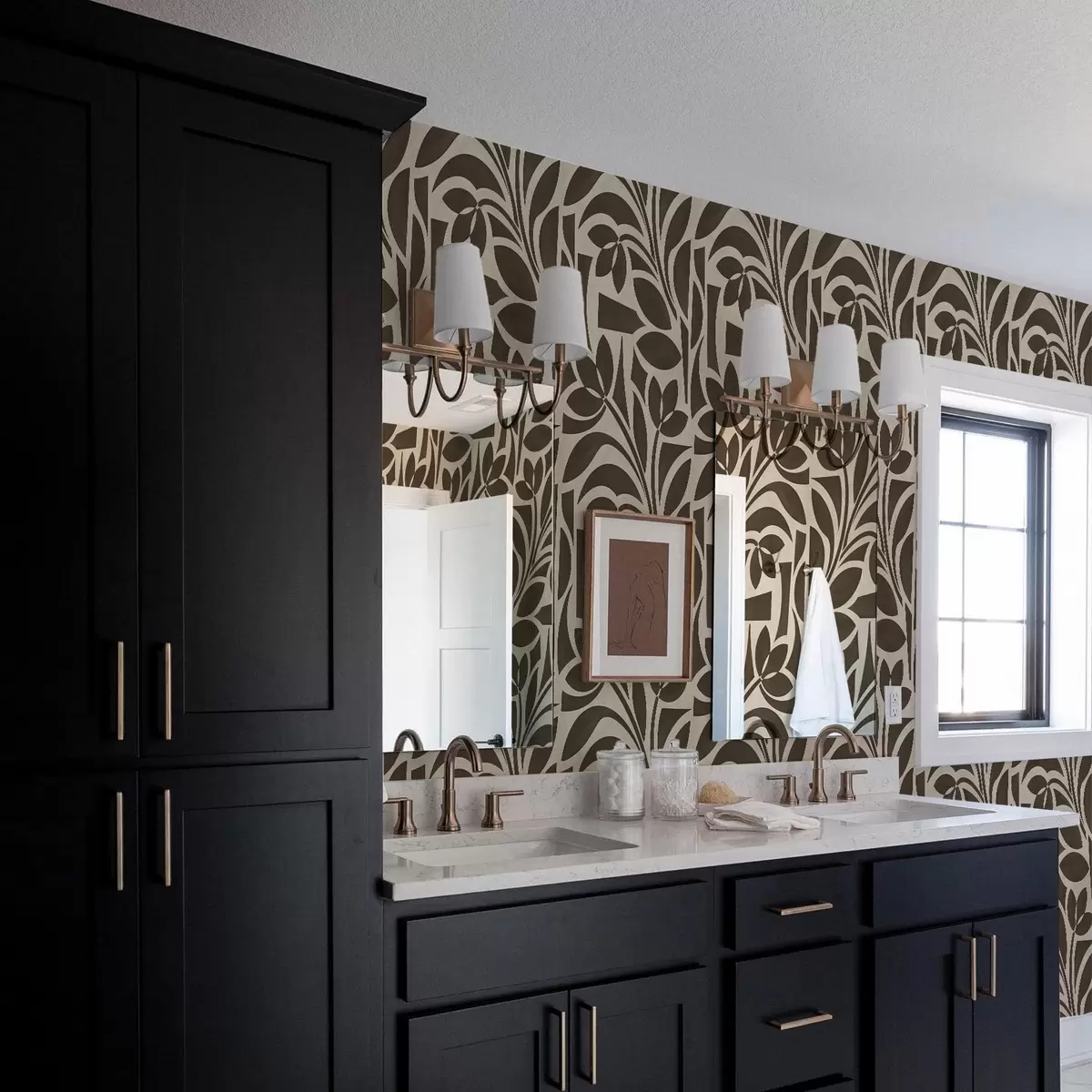 Papel pintado Siluetas geométricas de hojas, marrón oscuro sobre beige a00679v1