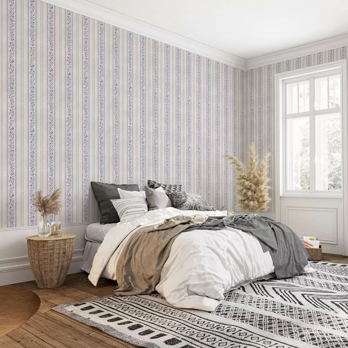 Papel pintado Rayas verticales con guirnaldas de lavanda, fondo beige a00813v1