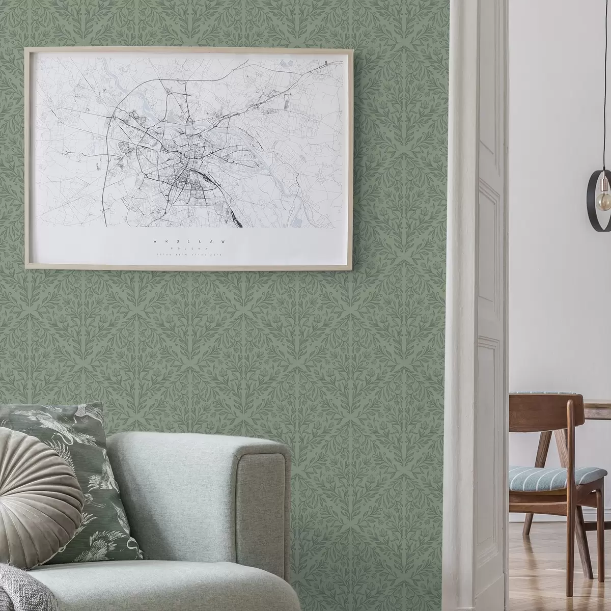 Papel pintado Damasco botánico fino en verde apagado a00815v1