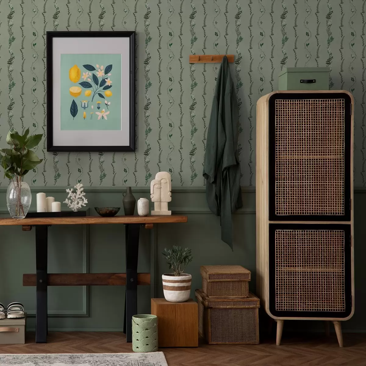 Papel pintado Enredaderas verticales y ramitas en verde apagado a00817v1