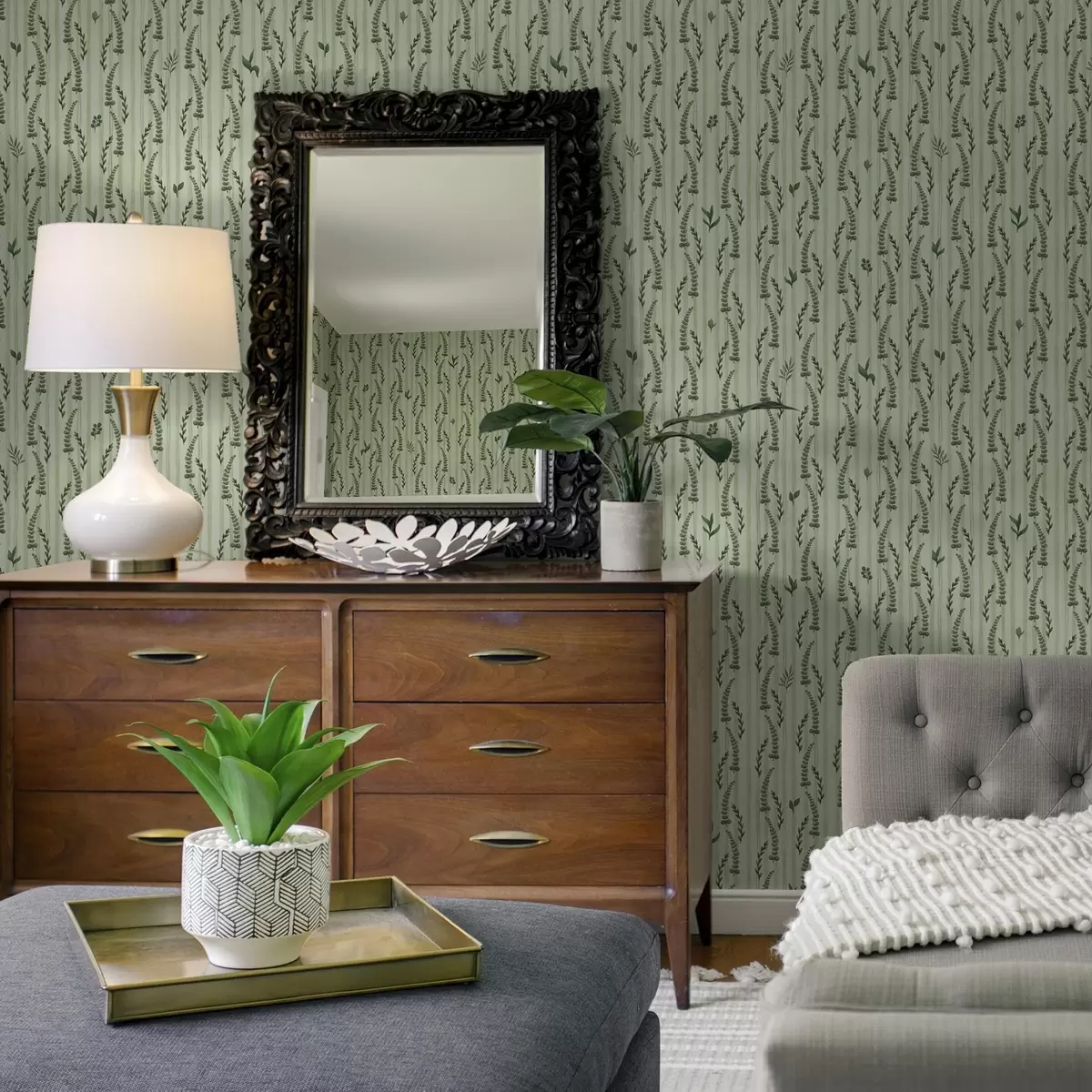 Papel pintado Hierbas verdes densas y brotes de menta con rayas a00819 Papel pintado Hierbas verdes densas y brotes de menta con rayas a00819