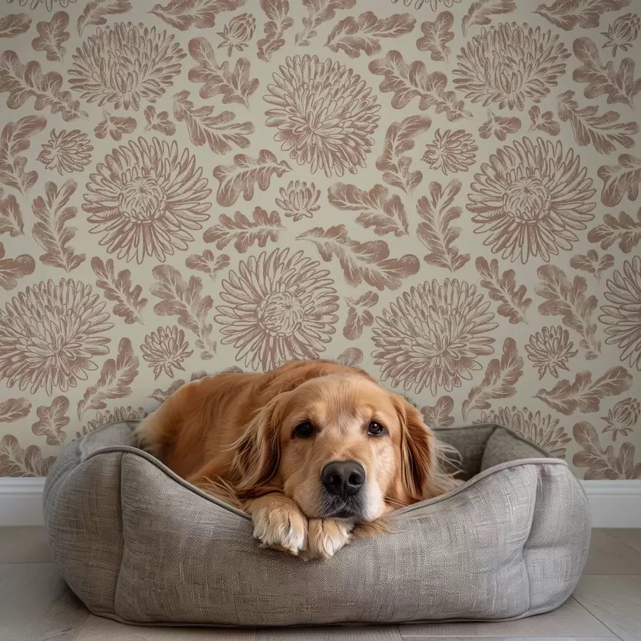 Murales de pared Crisantemos y hojas de roble en suave marrón beige. a00840 murales de pared Crisantemos y hojas de roble en suave marrón beige. a00840
