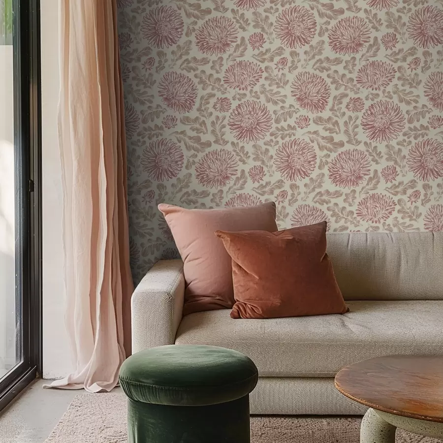 murales de pared Crisantemos con toques de vino sobre fondo crema a00840v1