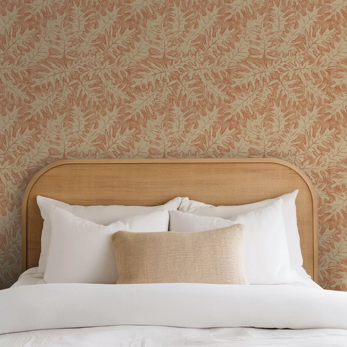 Papel pintado Hojas grandes de roble en terracota sobre fondo crema a00846