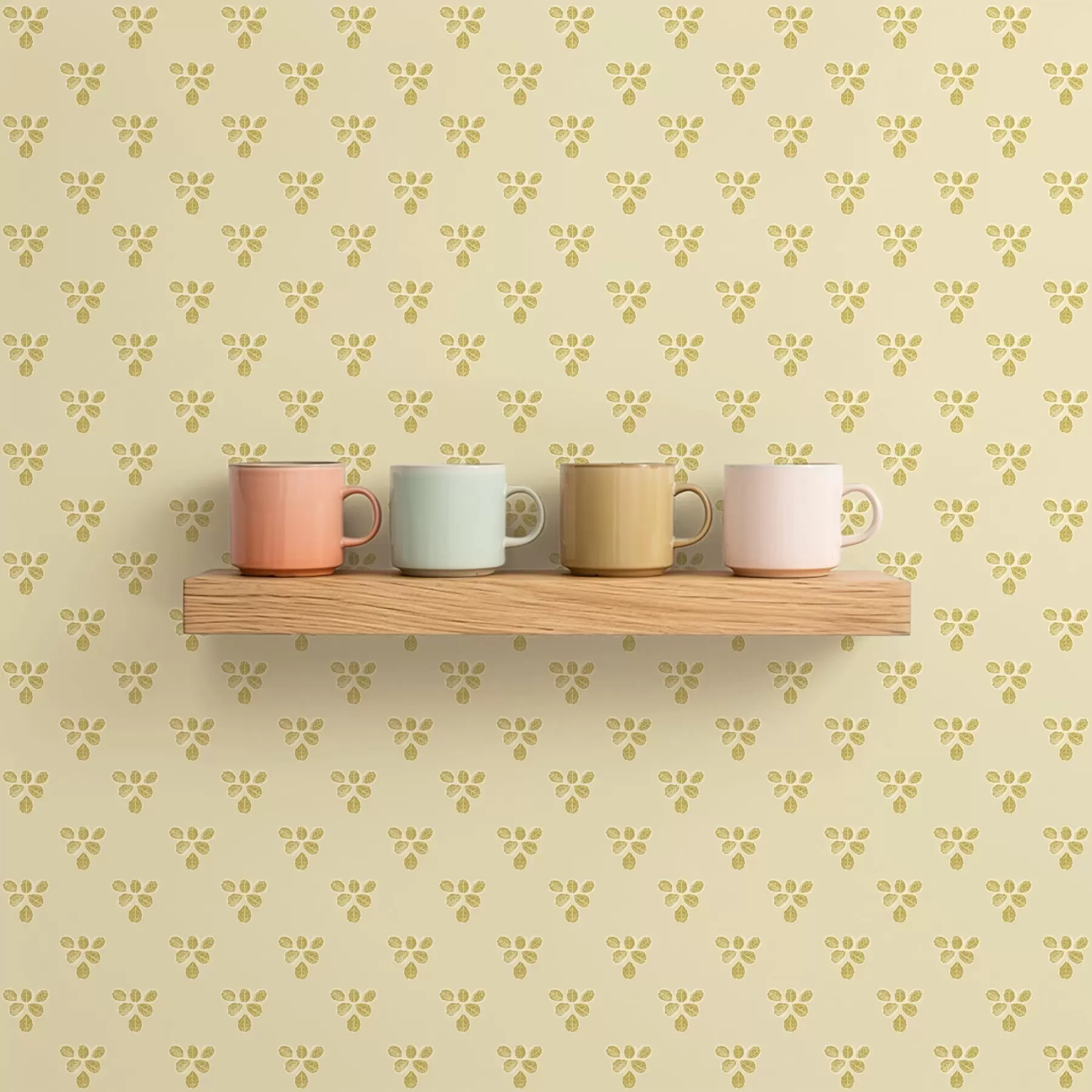 murales de pared Pequeña repetición: tríos de hojas sobre fondo crema-beige. a00848