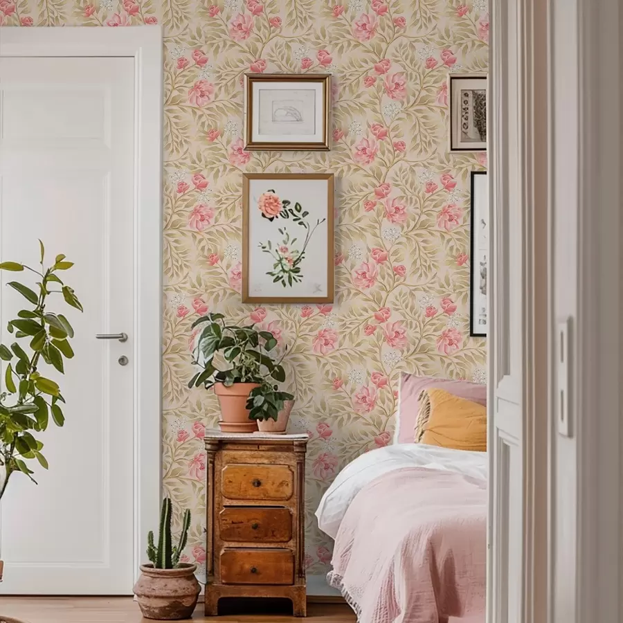 Murales de pared Flores rosas, flores blancas y follaje en tonos ocres a00855 murales de pared Flores rosas, flores blancas y follaje en tonos ocres a00855