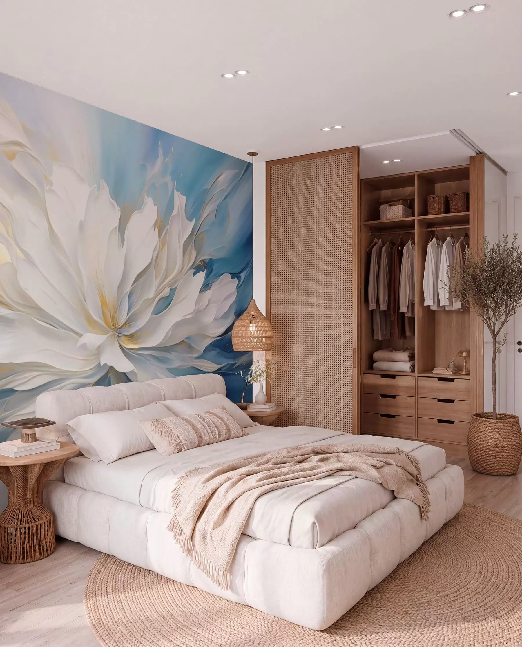 murales de pared Peonía blanca en azul océano w09511